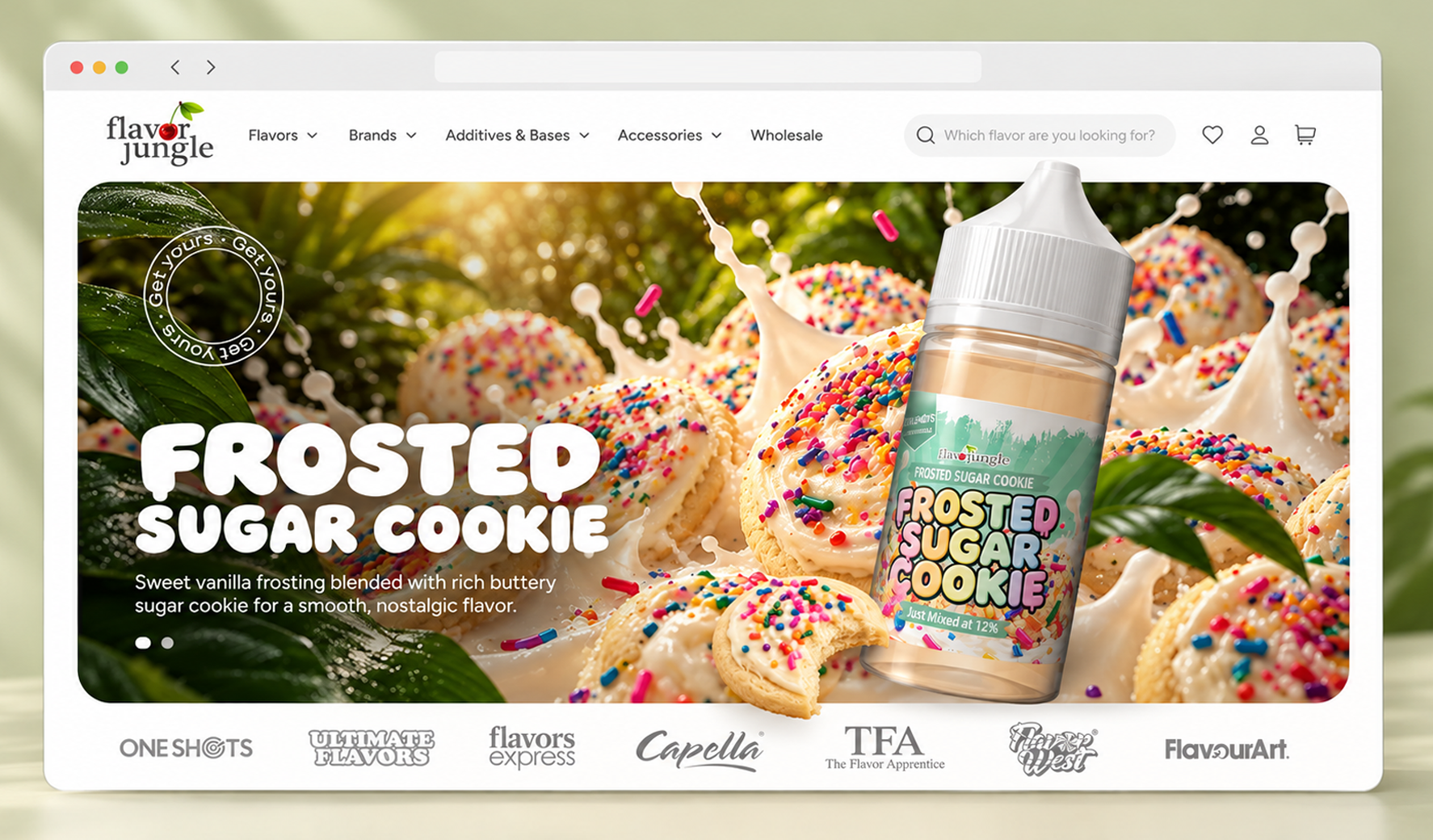 Flavor Jungle storefront showcasing Frosted Sugar Cookie with product bottle and flavour imagery