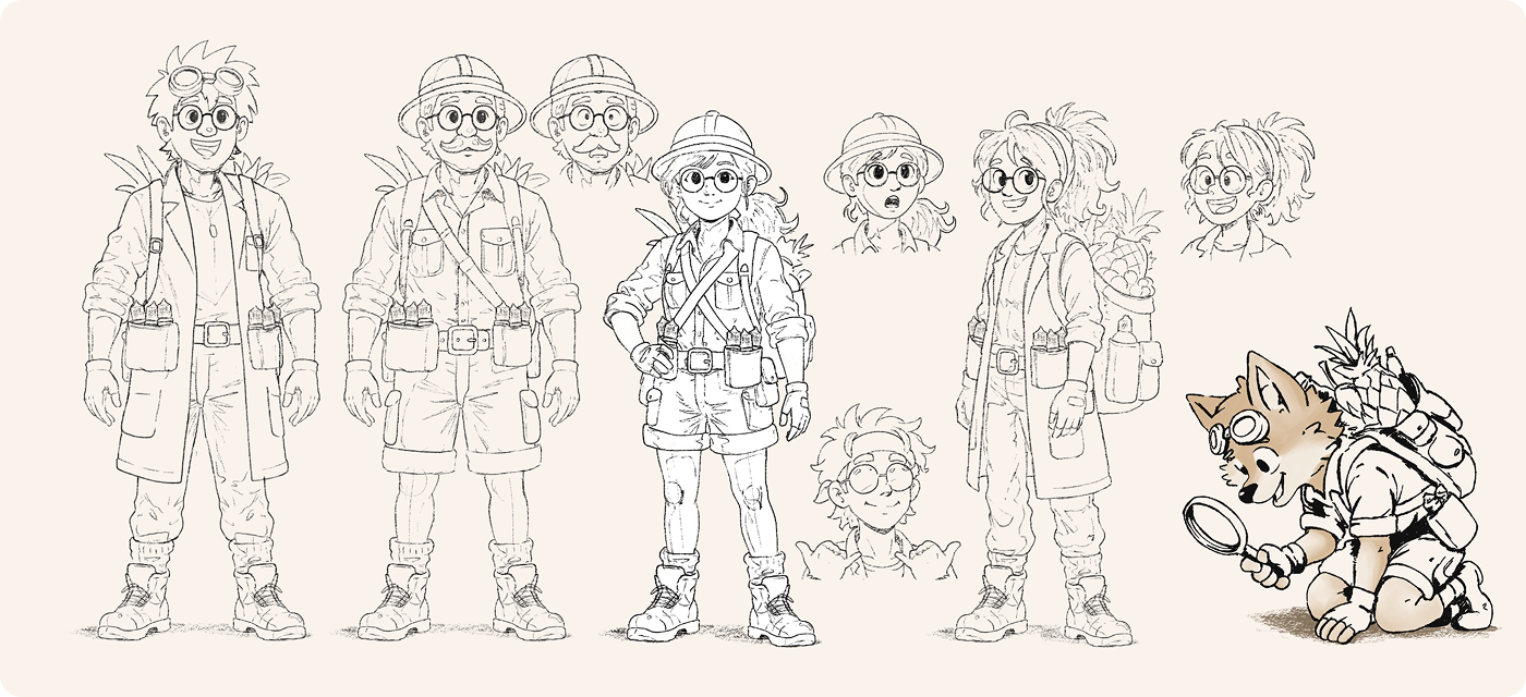 Flavor Jungle explorer character sketches and expressions