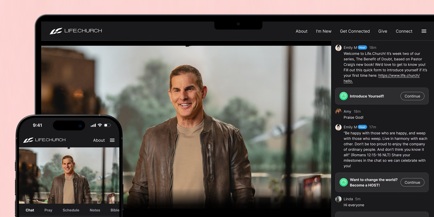 Life.Church Online video and community chat shown on desktop and mobile