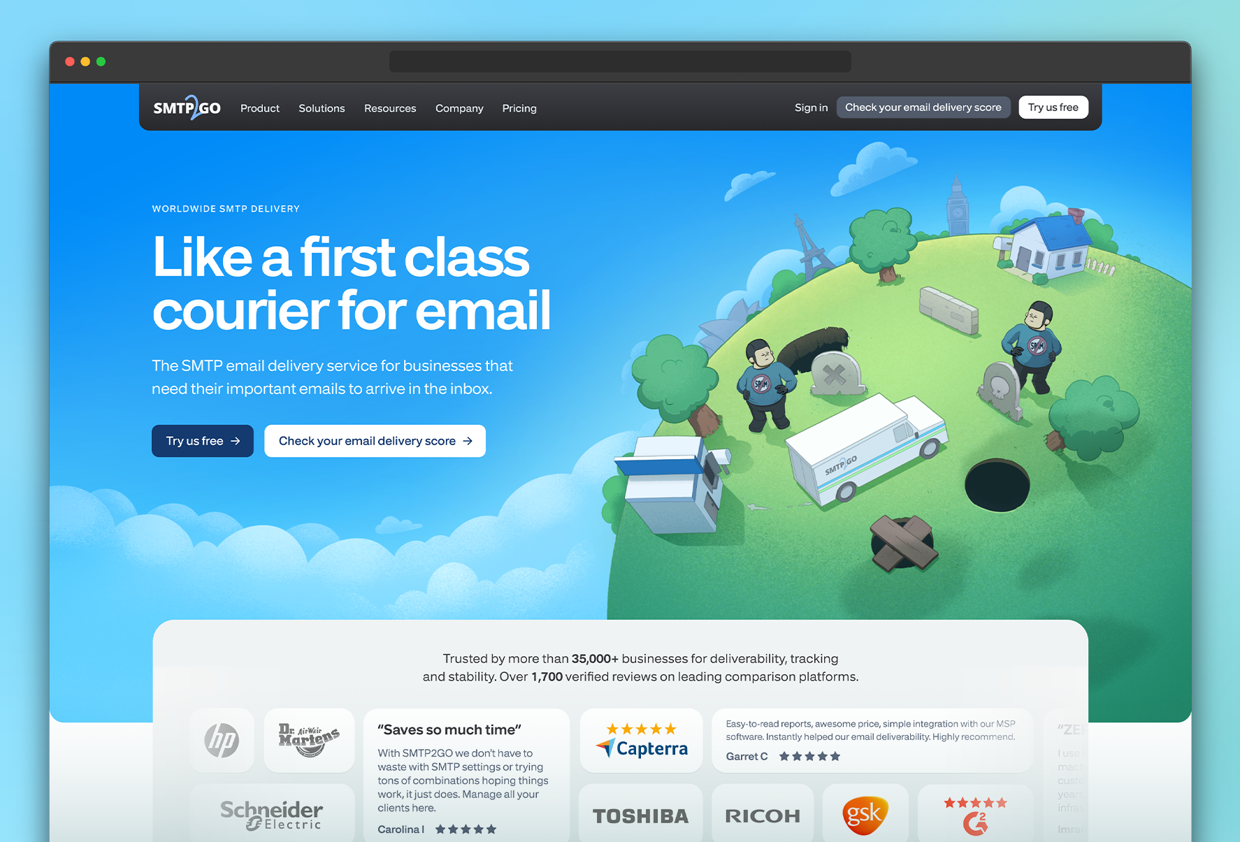 SMTP2GO website with illustrated courier world and product introduction