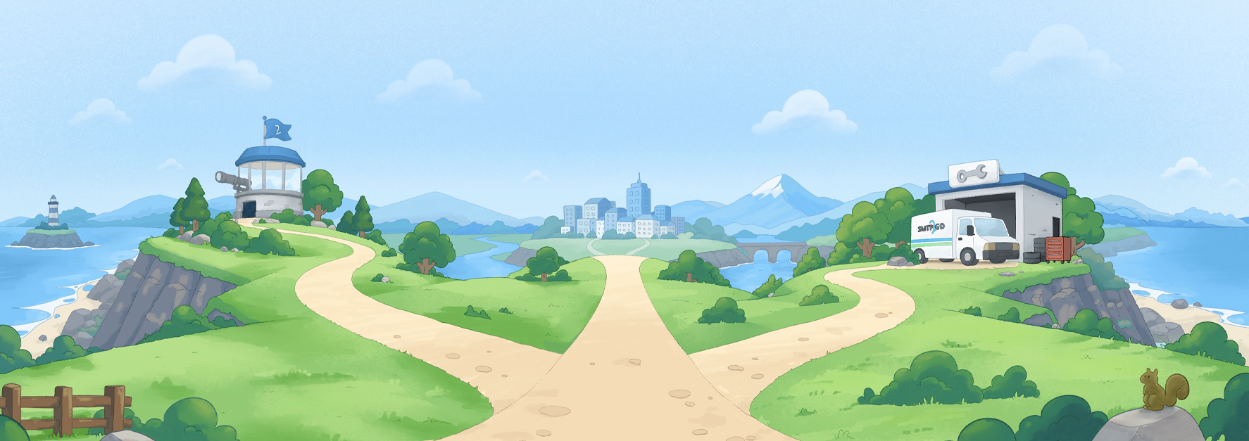 Illustrated SMTP2GO landscape connecting the lighthouse, city, and courier workshop
