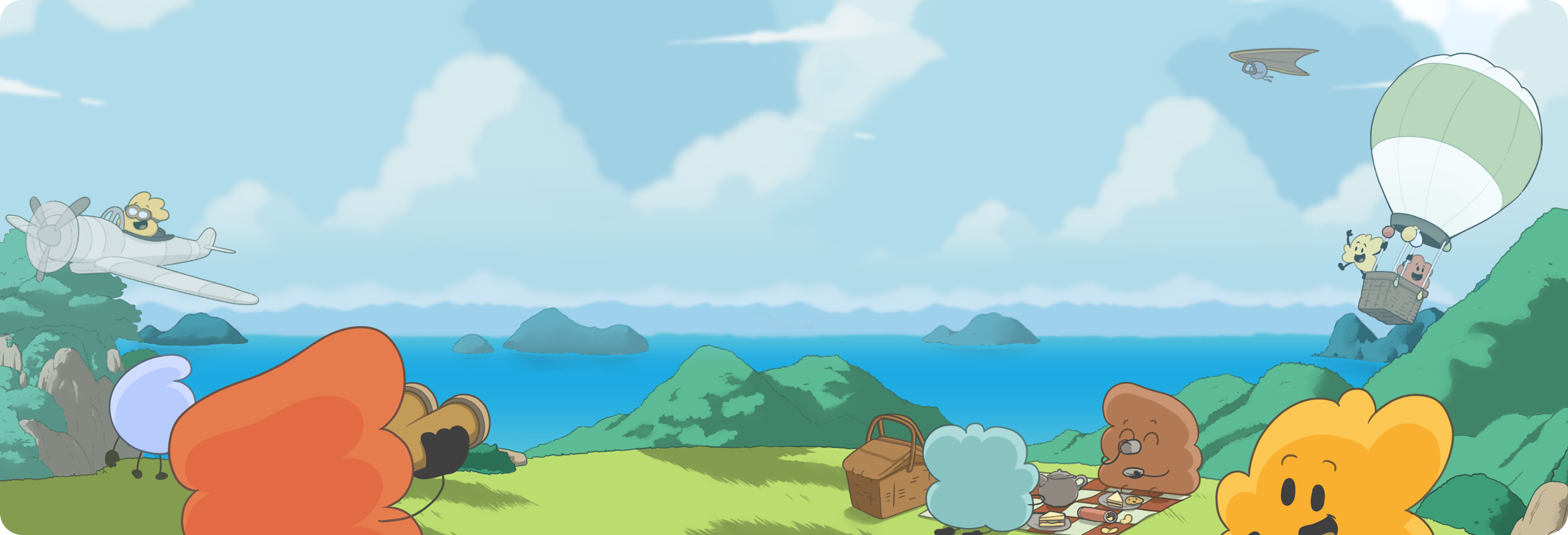 Travily characters exploring an illustrated coastal landscape
