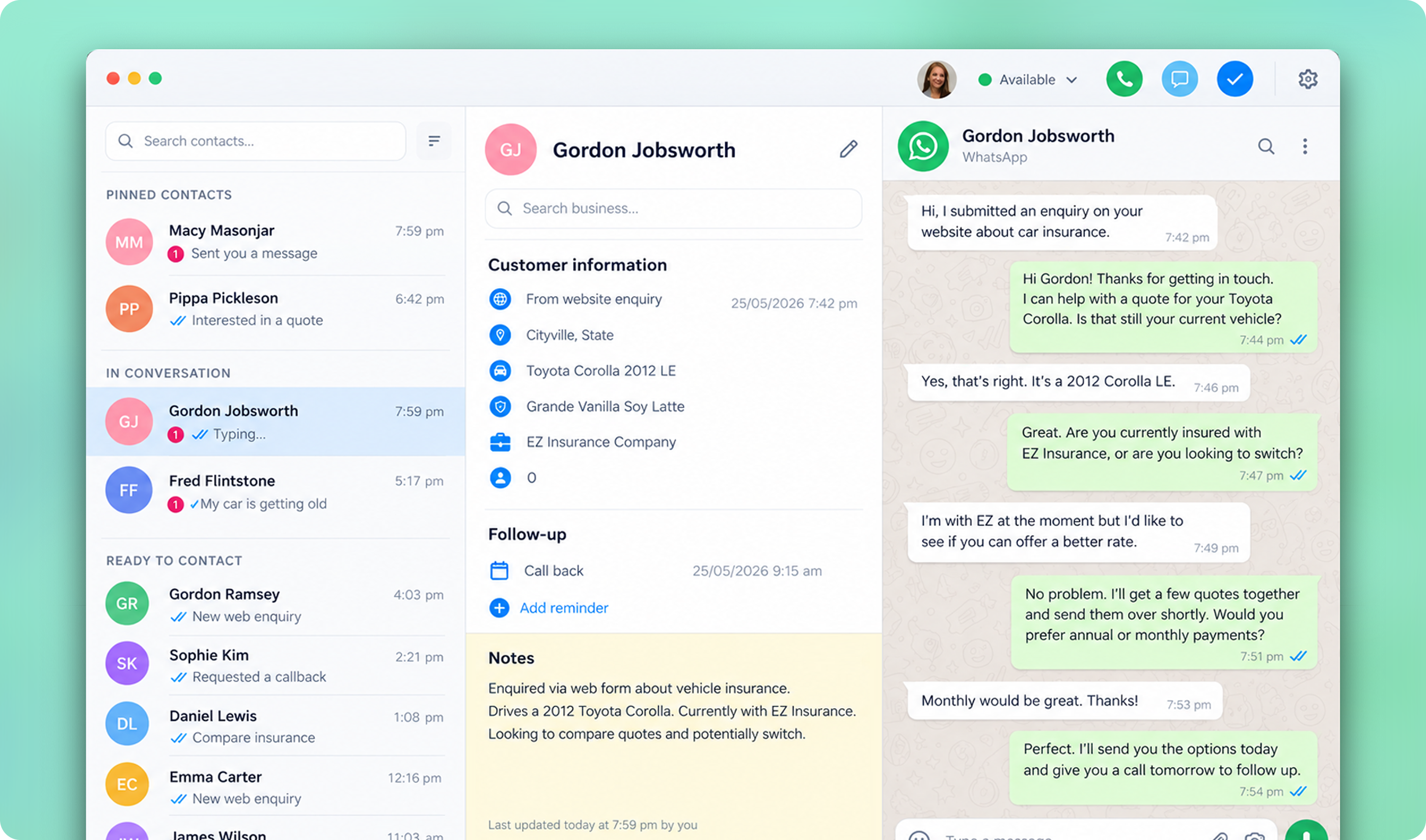VEMM customer contact interface combining CRM details, notes, and WhatsApp conversations