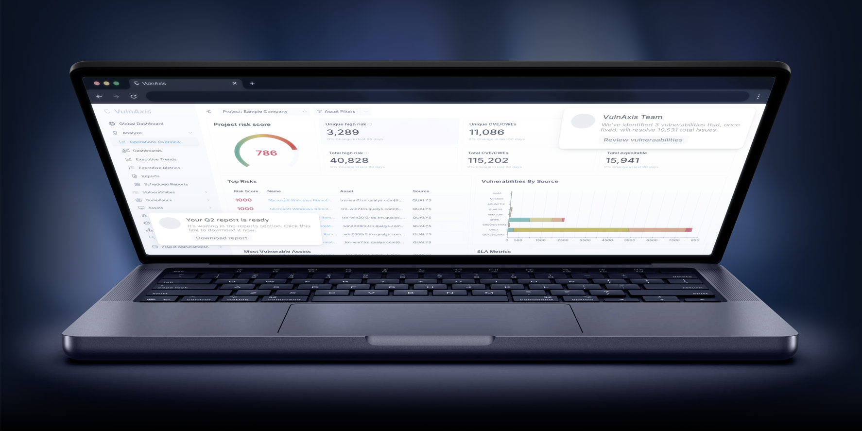 VulnAxis vulnerability management dashboard presented on a laptop