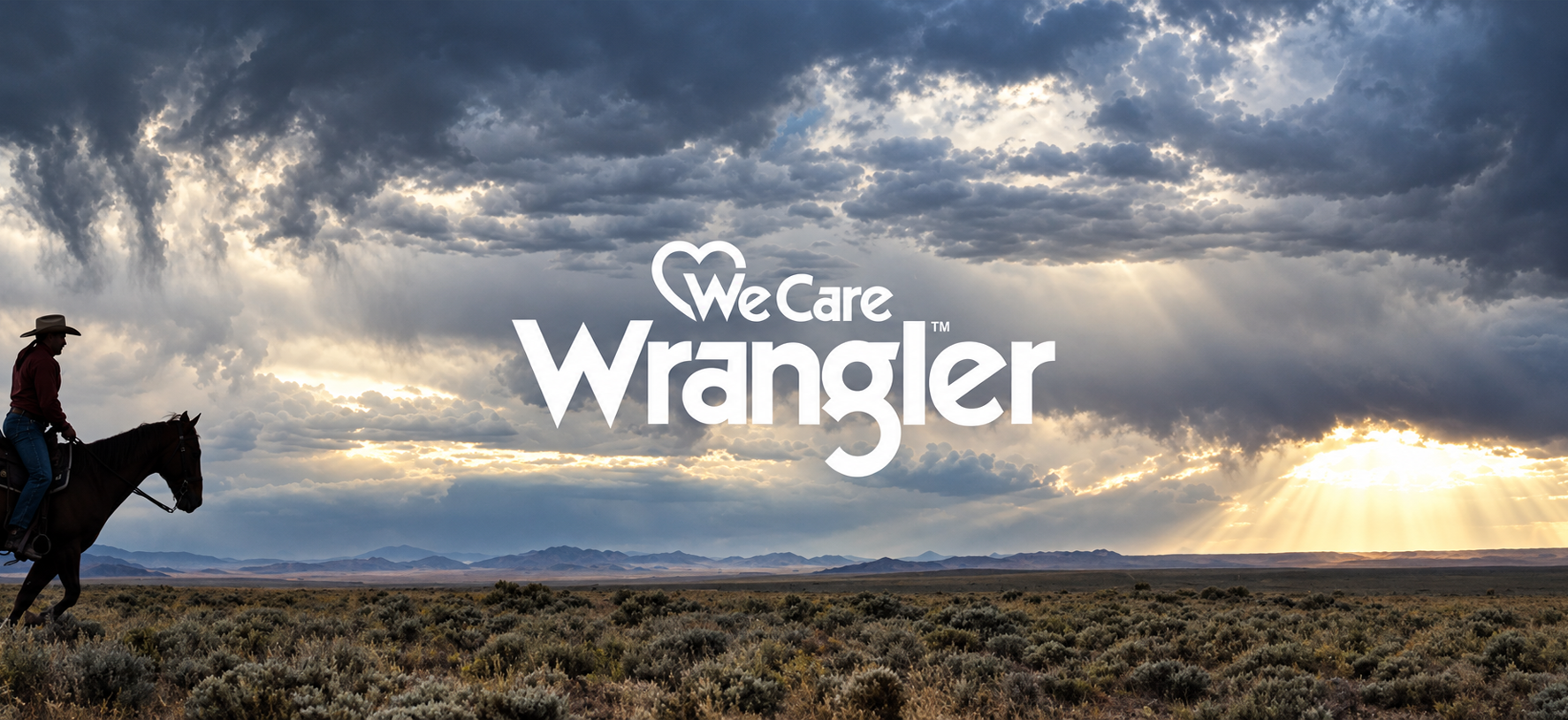 Wrangler We Care artwork with a rider beneath a dramatic open sky
