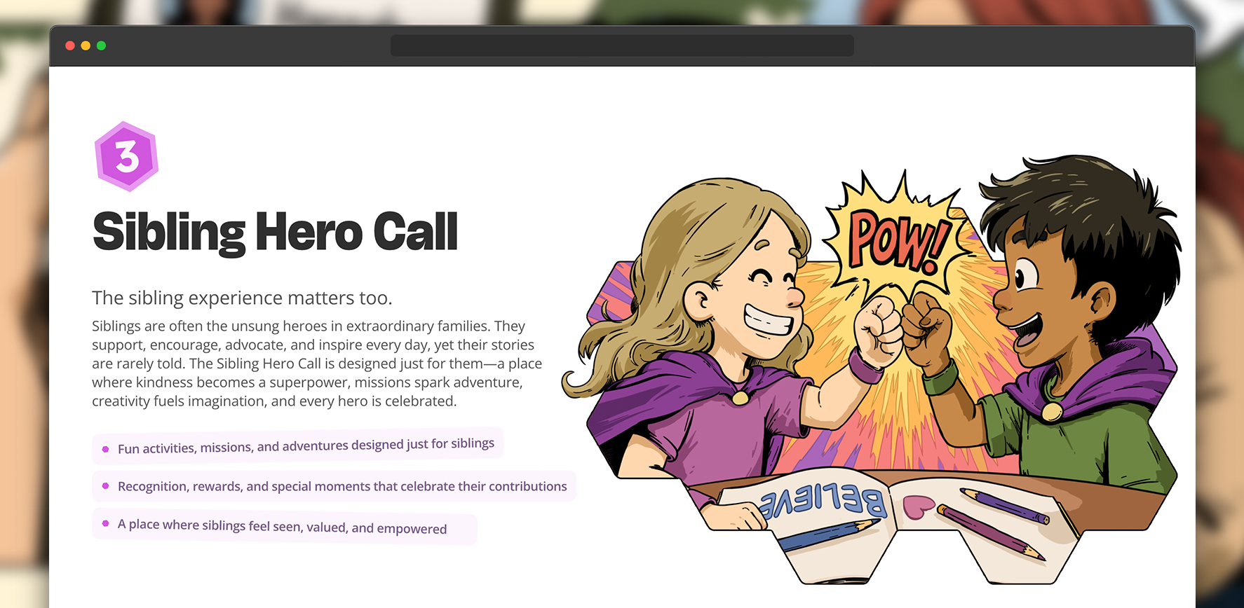 Zigglebee Sibling Hero Call page with illustrated children